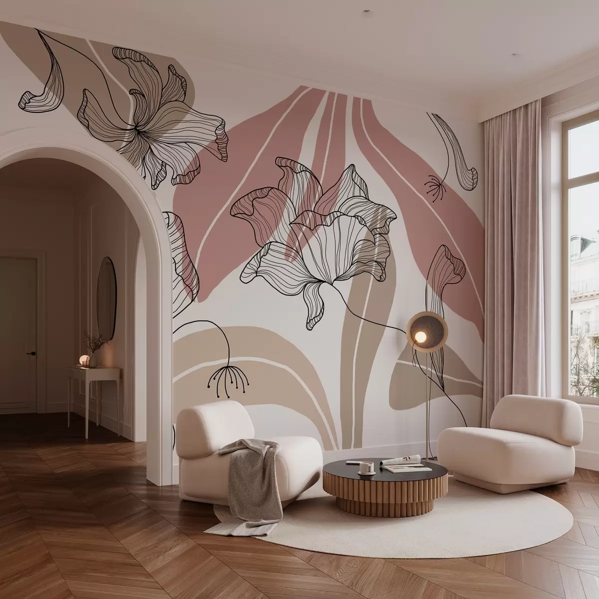 Шпалери абстрактні листя і квіти в пудрових і бежевих тонах w04499