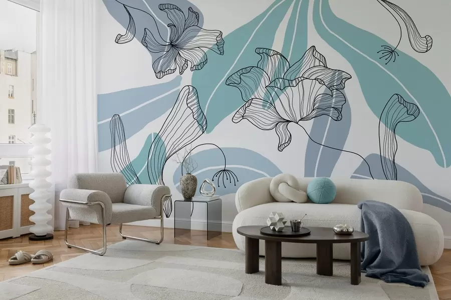 Шпалери абстрактні листя і квіти в блакитних тонах w04499v2