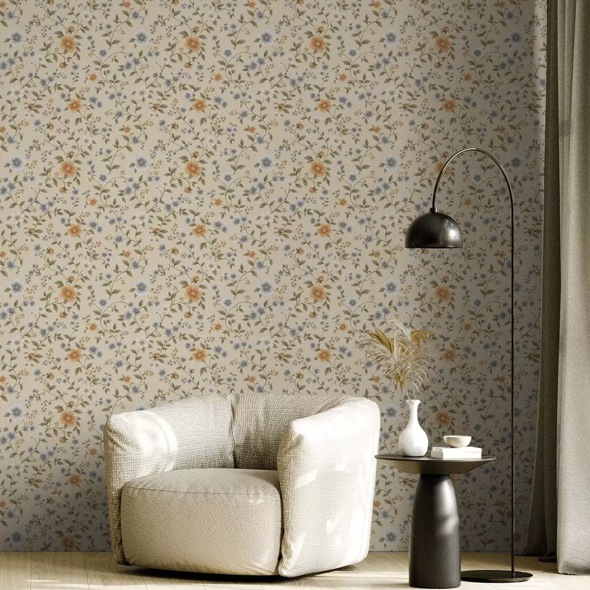 Шпалери Квіткові гілки з блакитними та персиковими квітами a00575