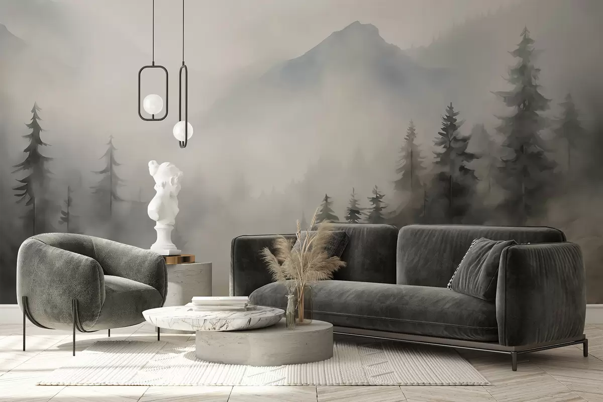 Шпалери Ліс у тумані на тлі гір w04493