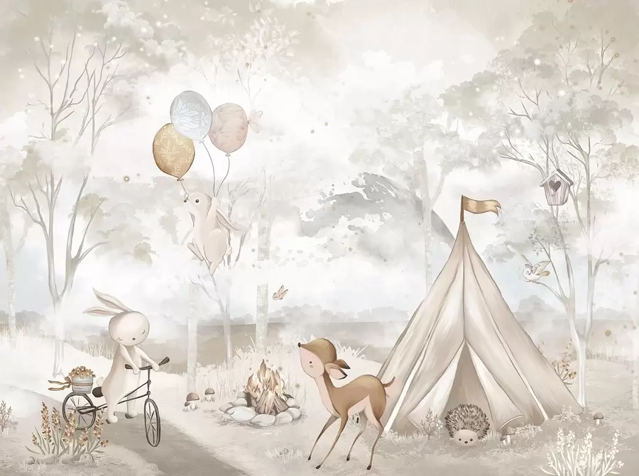 Шпалери Дитячий табір у теплих бежевих тонах, намет і лісові тварини w04671
