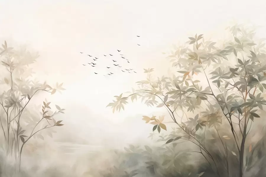Шпалери Текстурований пейзаж з деревами і зграєю птахів, що летять у небі, пастельні кольори, природна сцена w09418
