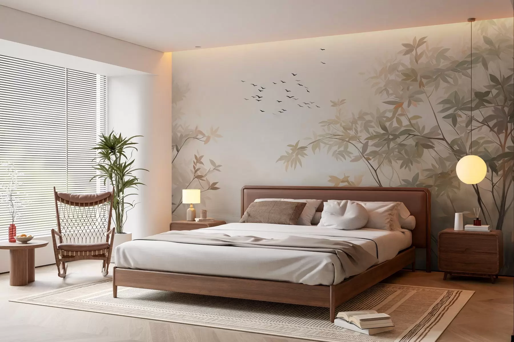 Шпалери Текстурований пейзаж з деревами і зграєю птахів, що летять у небі, пастельні кольори, природна сцена w09418