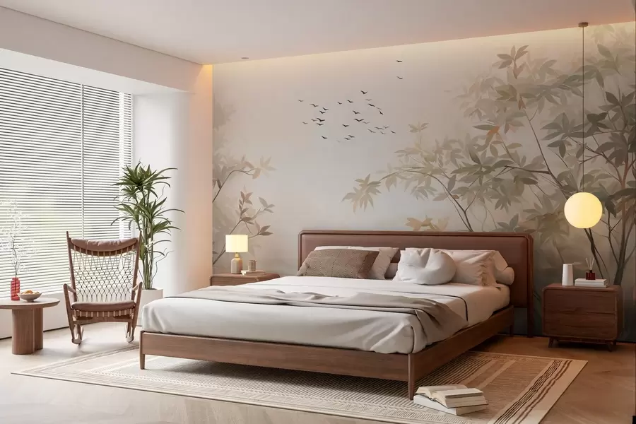 Шпалери Текстурований пейзаж з деревами і зграєю птахів, що летять у небі, пастельні кольори, природна сцена w09418