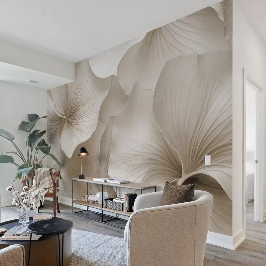 Шпалери Біло-бежеві листя гінкго, м'яка текстура, абстрактний квітковий фон, мінімалістичний сучасний стиль w09421v1