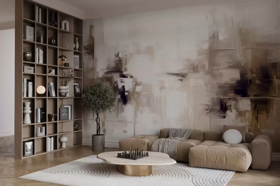 Шпалери Абстрактна текстурована імітація пейзажного живопису з коричневими та білими мазками, сучасний стиль w09422v1