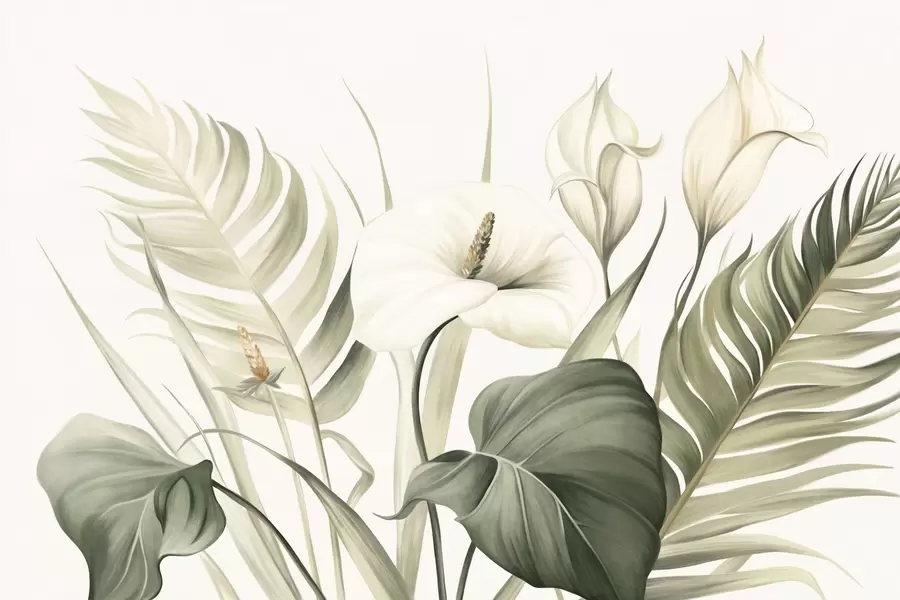 Шпалери Білі кали та зелене тропічне листя, ботанічна ілюстрація, світлий фон, вінтажний стиль, текстурований w09423