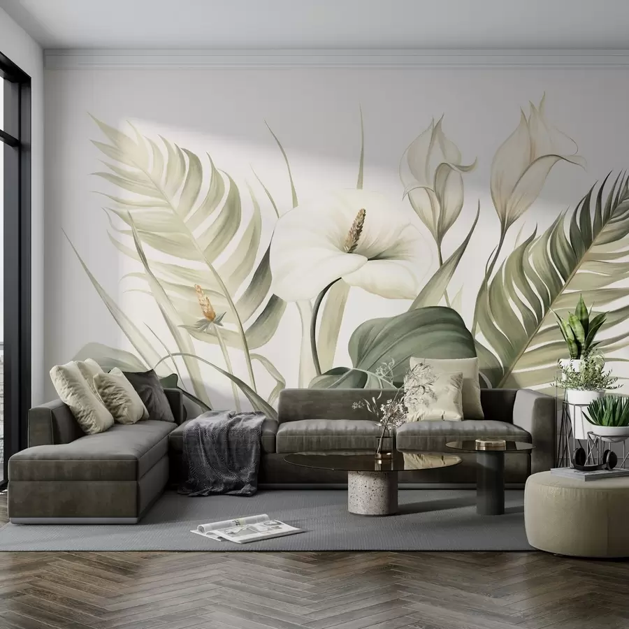 Шпалери Білі кали та зелене тропічне листя, ботанічна ілюстрація, світлий фон, вінтажний стиль, текстурований w09423