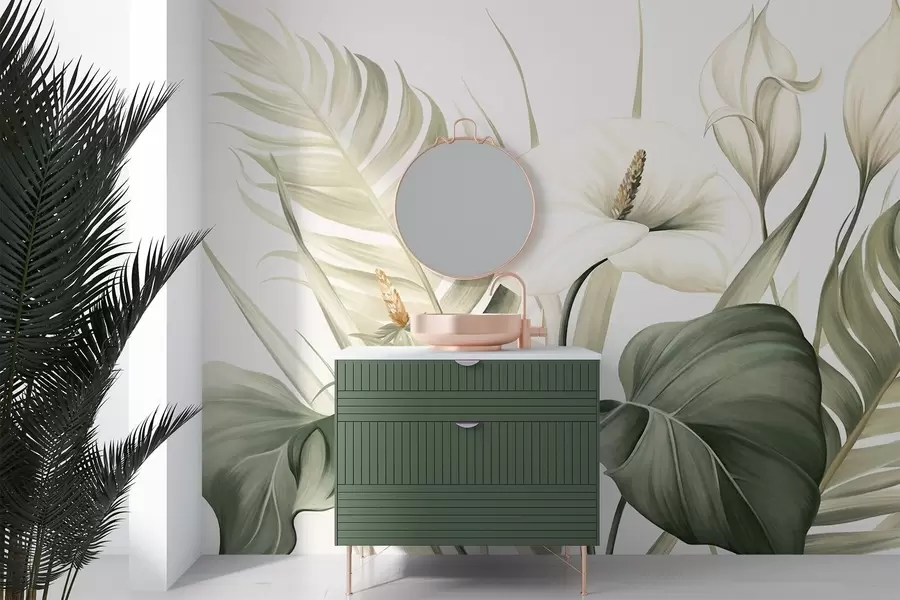 Шпалери Білі кали та зелене тропічне листя, ботанічна ілюстрація, світлий фон, вінтажний стиль, текстурований w09423