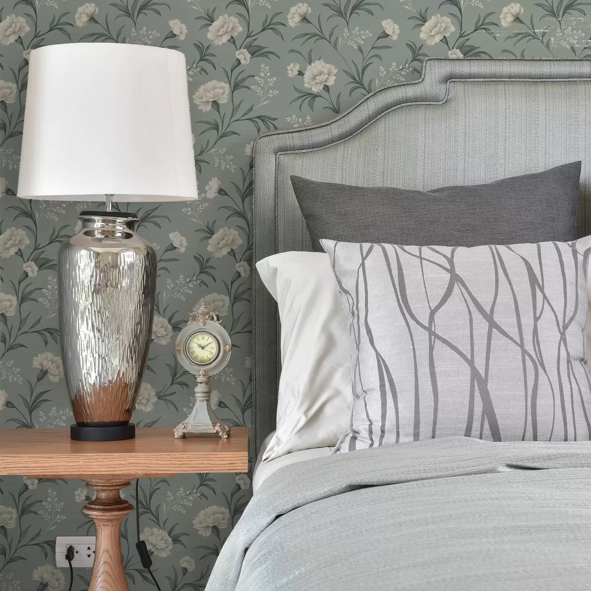 Шпалери Пудрові гвоздики на сіро-бірюзовому тлі, вишуканий принт a00610