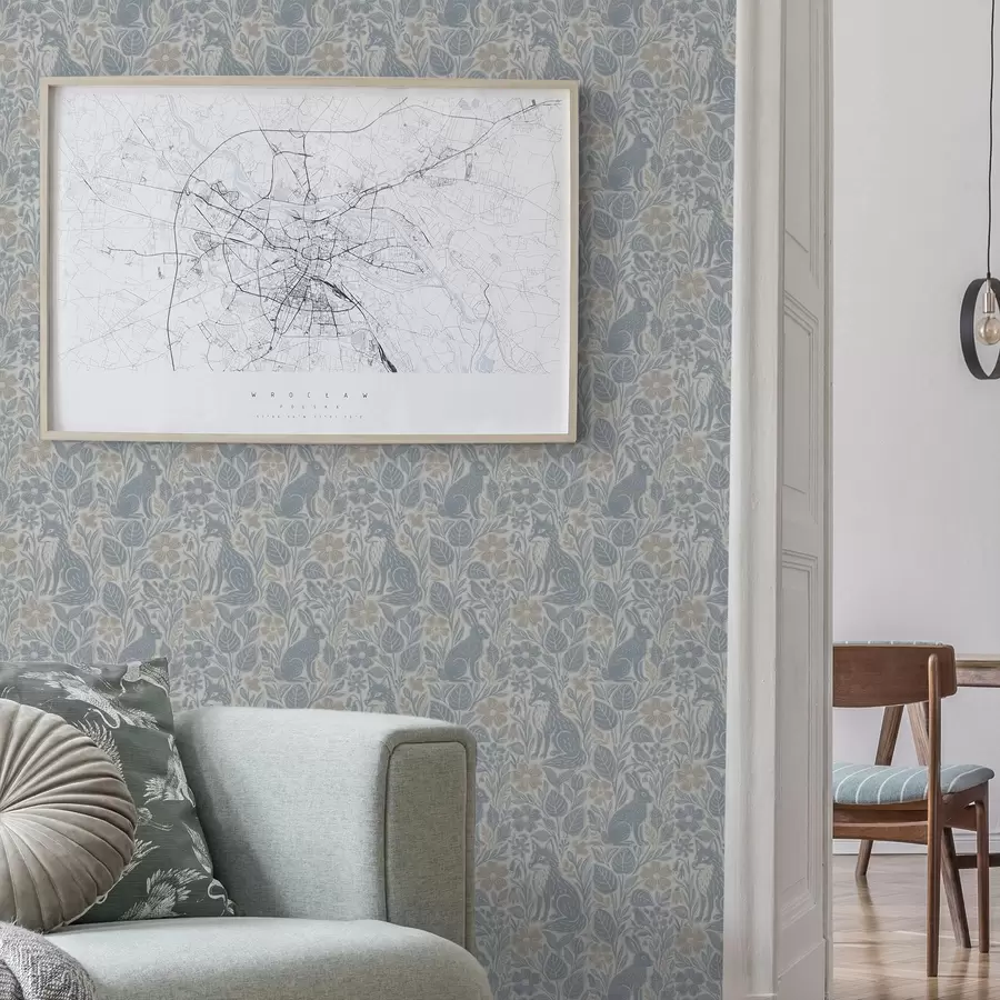 Шпалери Лісові тварини та квіти: лисиця та заєць у блакитних тонах a00613