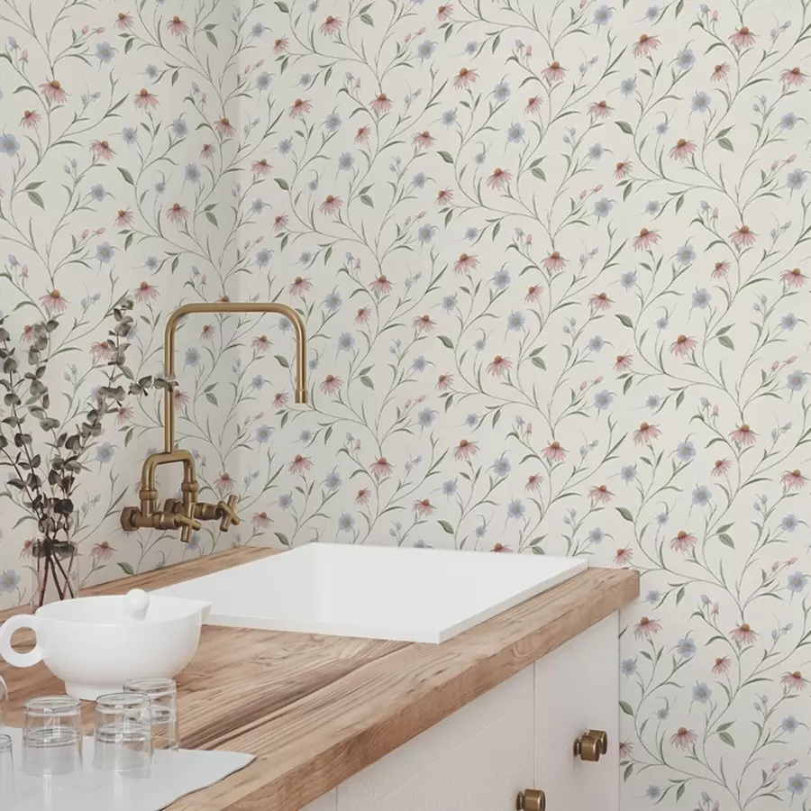 Шпалери Польові ромашки та ехінацея на кремовому тлі, легкість a00614