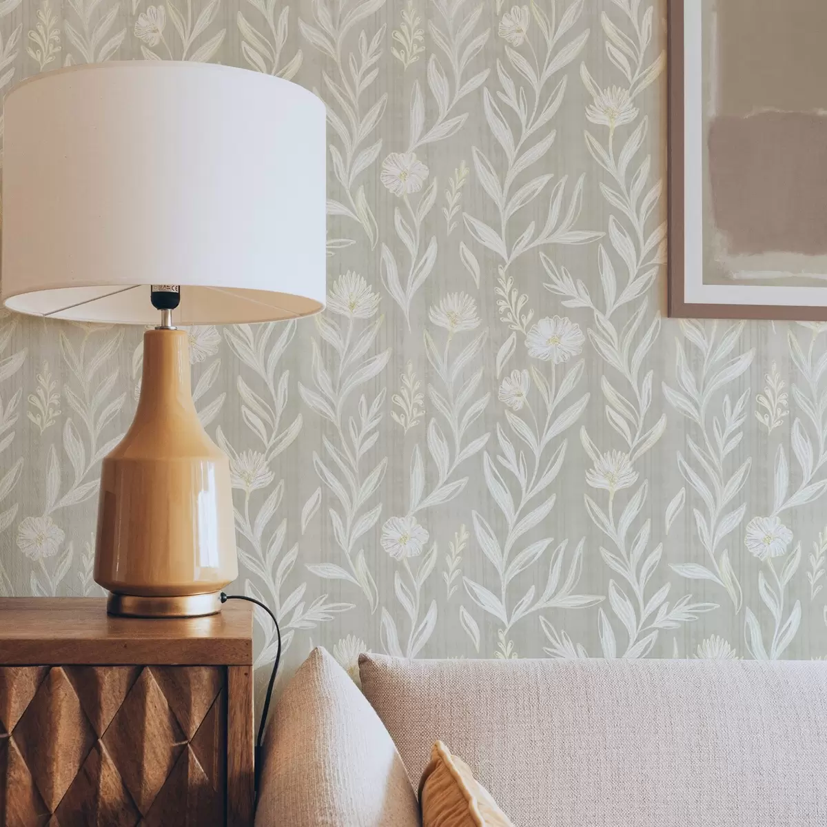 Шпалери Легкі трави та квіти на бежевому тлі, схематичні лінії a00618