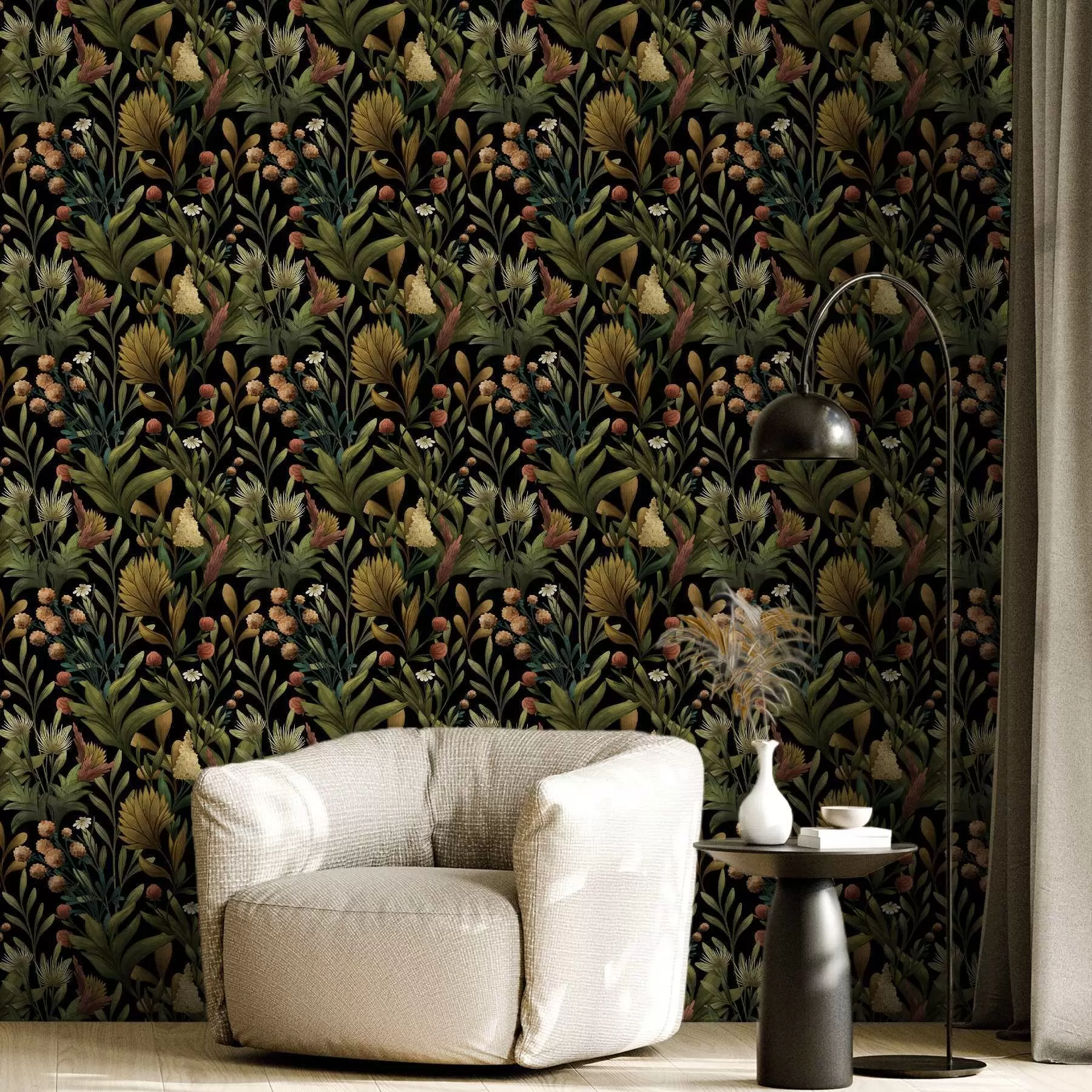 Шпалери Ботанічний сад на чорному тлі, тепла осіння палітра a00619