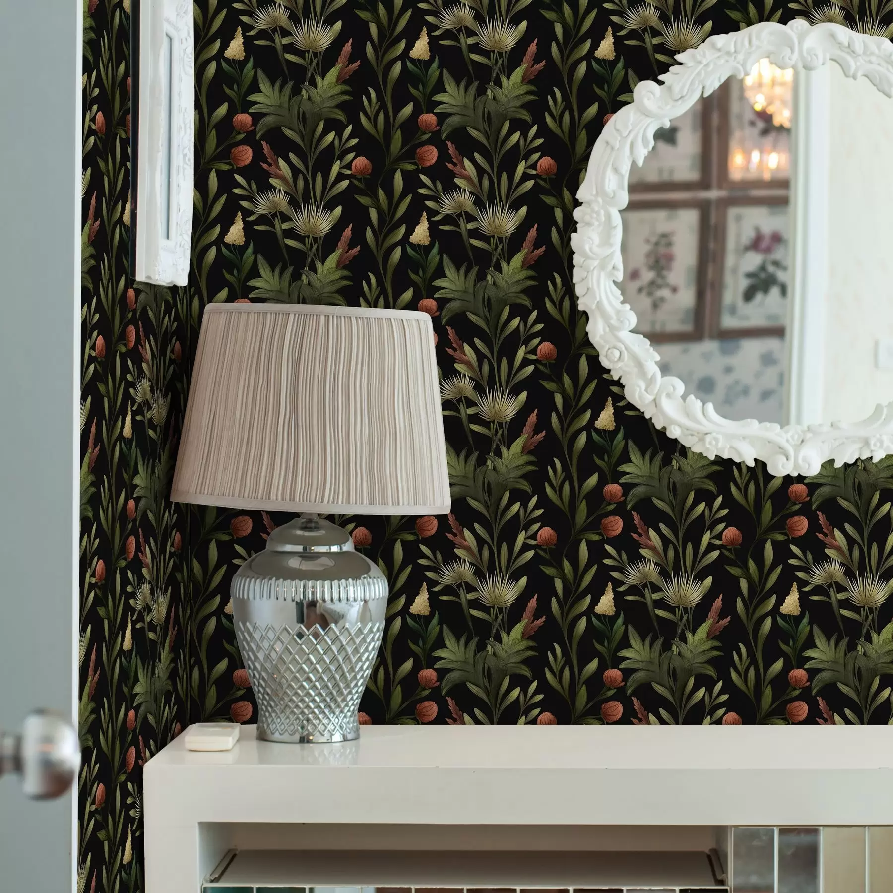 Шпалери Високі трави та квіти на чорному тлі, детальний принт a00620