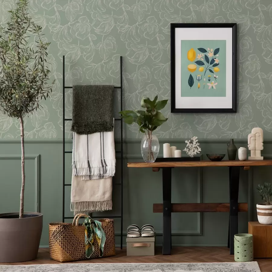 Шпалери Лінійні великі квіти, крейдяні штрихи на фоні шавлії a00625v1