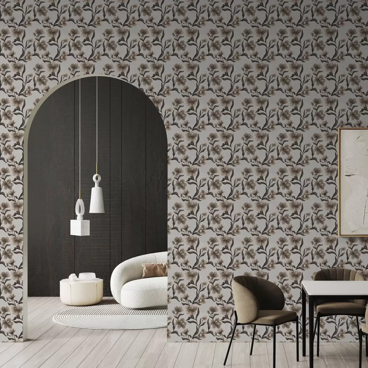 Шпалери Бежеві квіти і темні гілки на світло-сірому тлі a00626v1