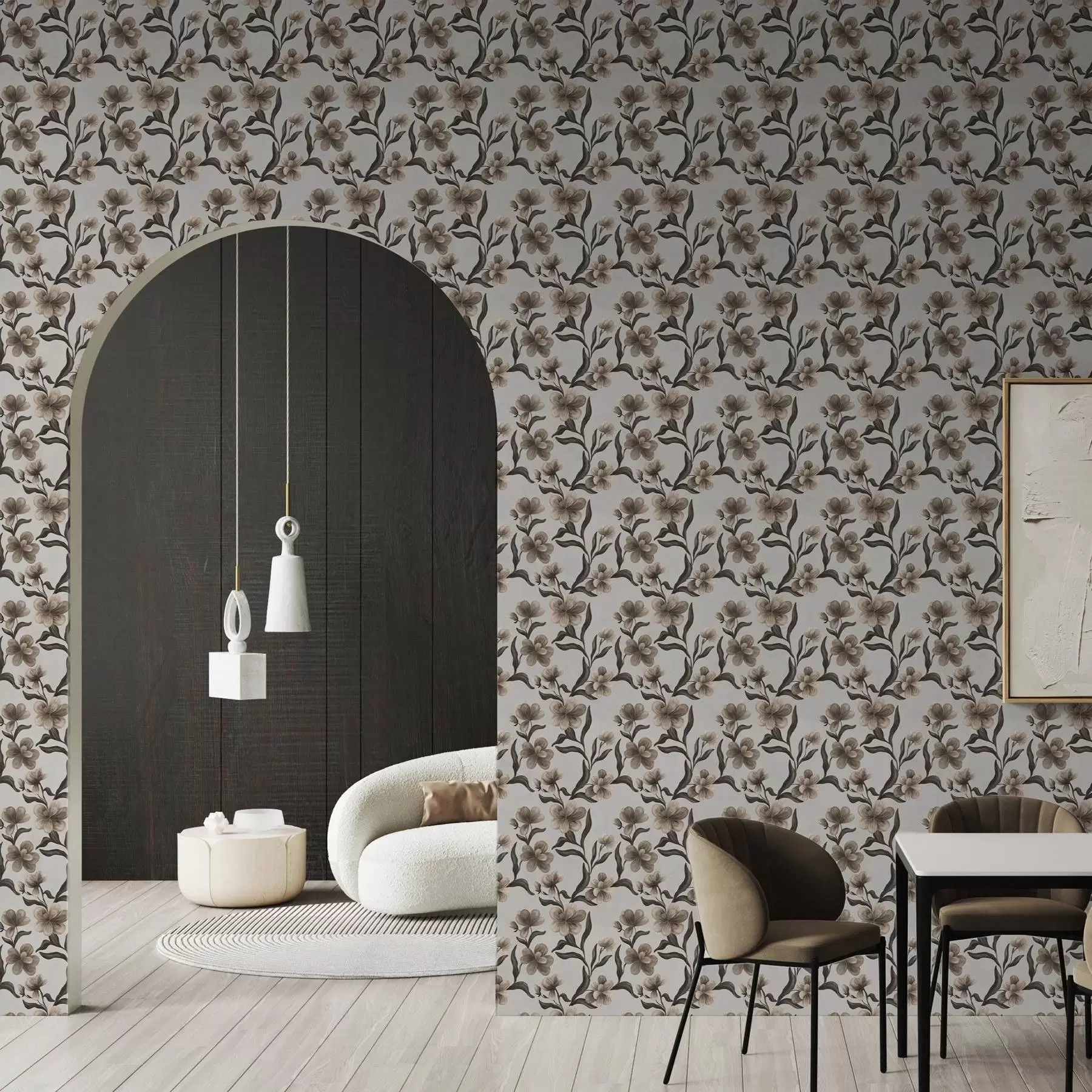 Шпалери Бежеві квіти і темні гілки на світло-сірому тлі a00626v1