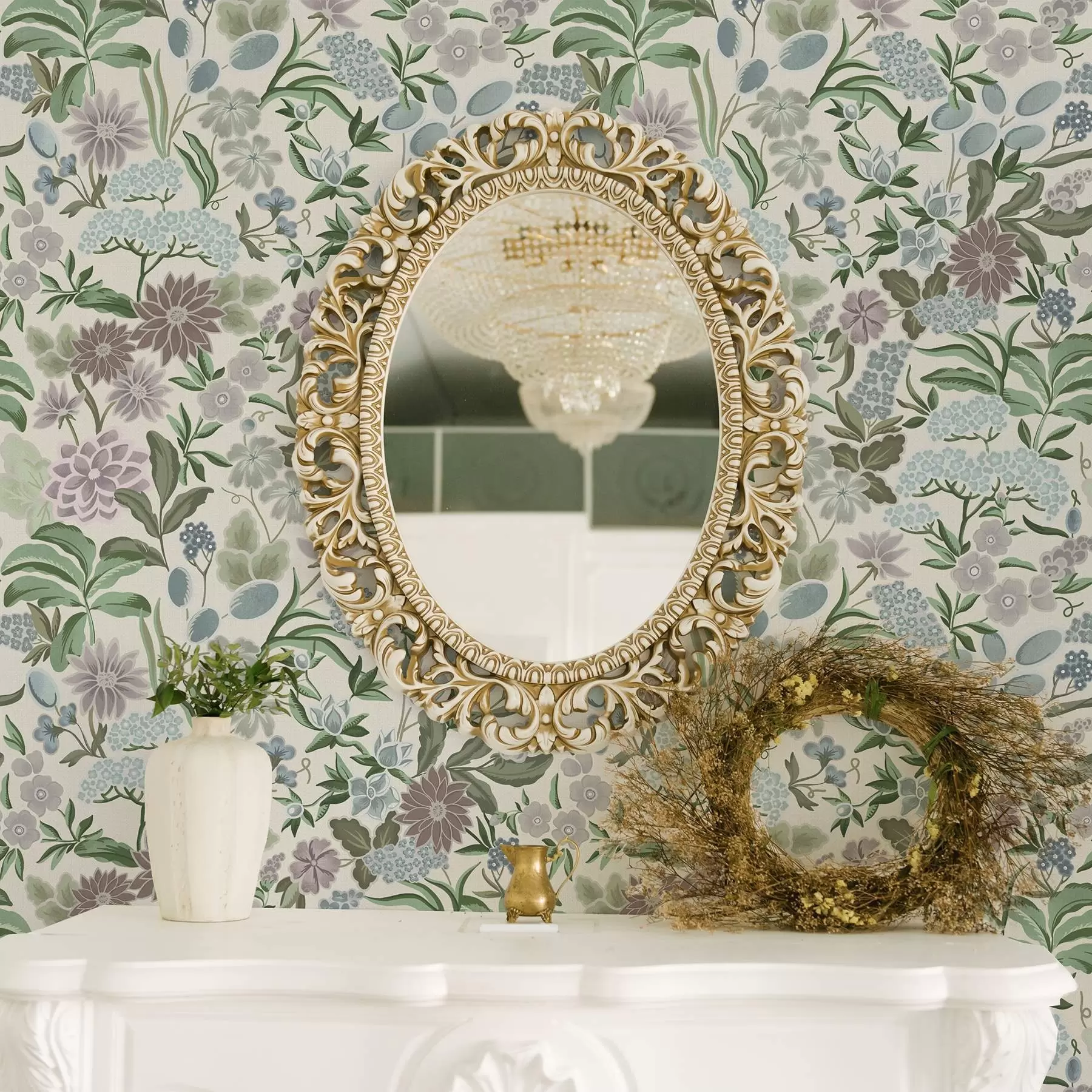 Шпалери Пастельні квіти та листя в м'ятно-блакитній палітрі a00642