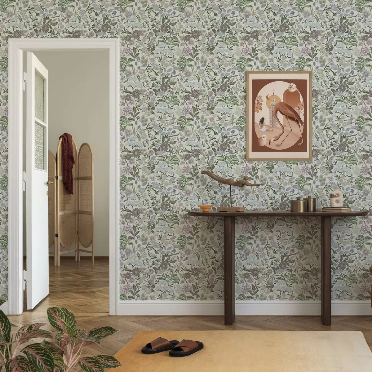 Шпалери Пастельні квіти та листя в м'ятно-блакитній палітрі a00642