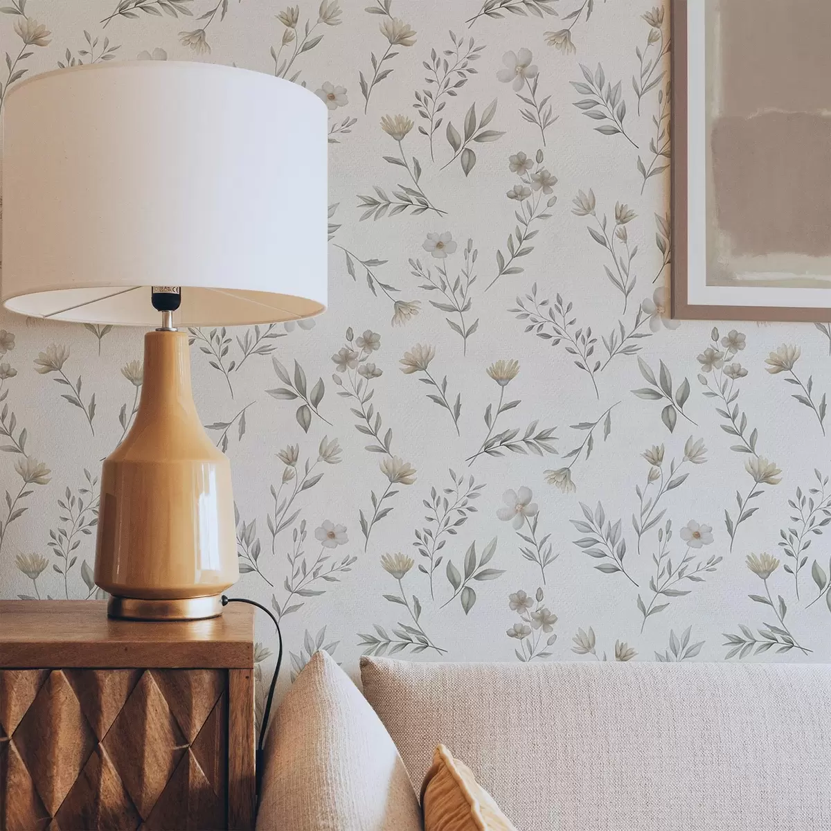 Шпалери Невеликі акварельні гілочки та квіти на світлому тлі a00665