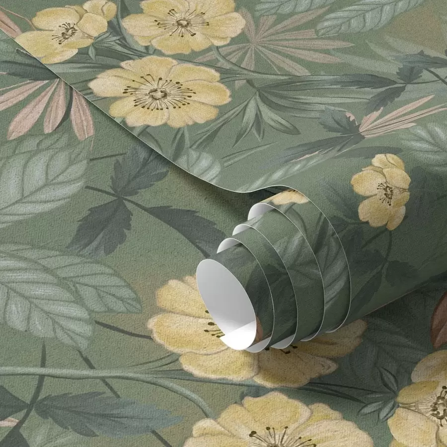 Шпалери Жовті квіти серед зеленої листяної текстури a00718