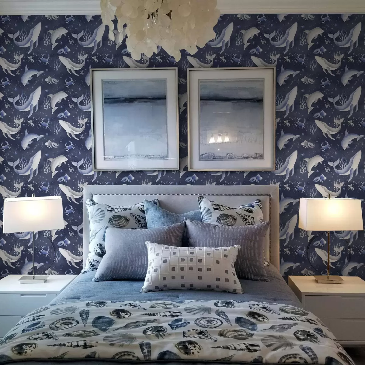 Шпалери Морські кити, дельфіни та краби на темно-синьому тлі a00720