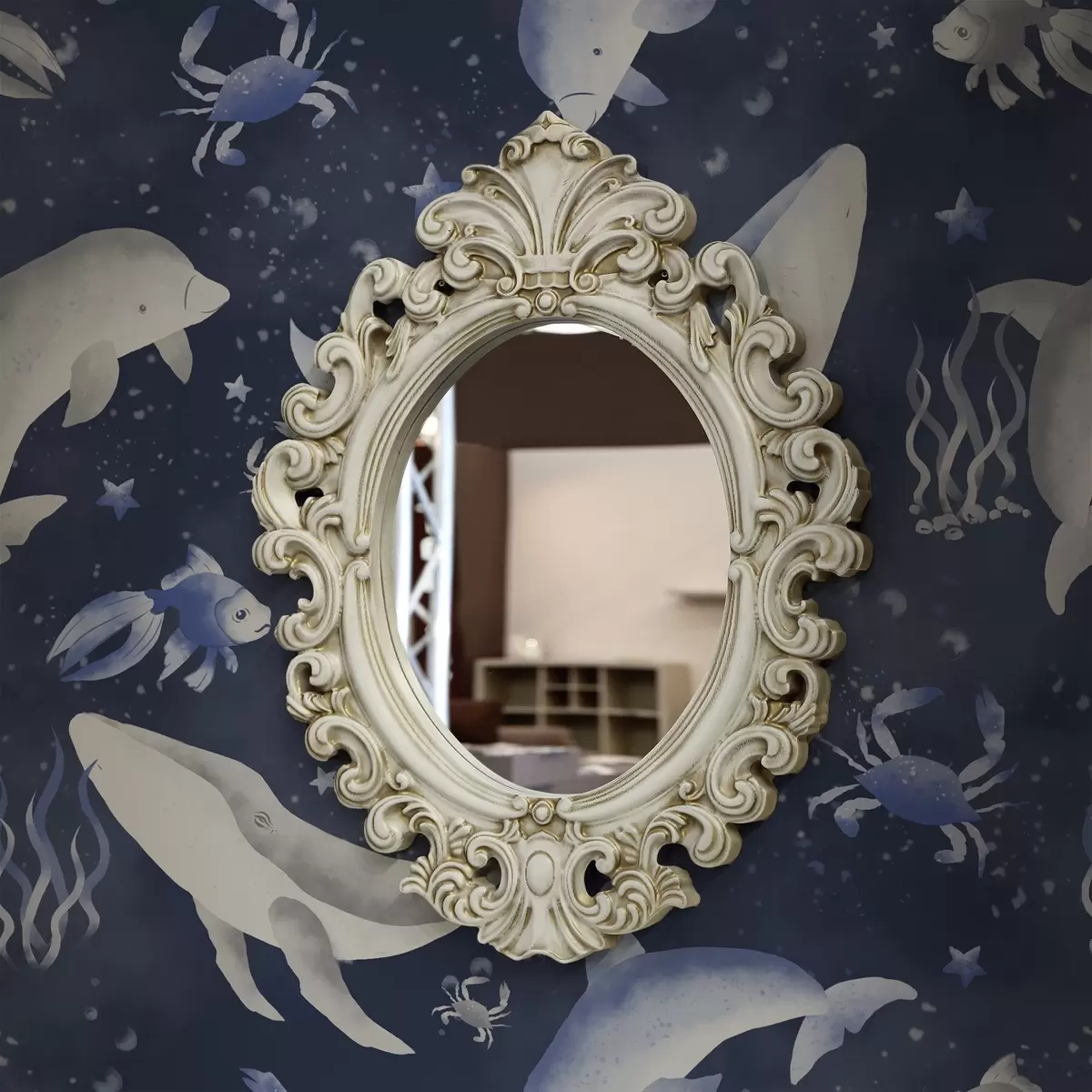 Шпалери Морські кити, дельфіни та краби на темно-синьому тлі a00720