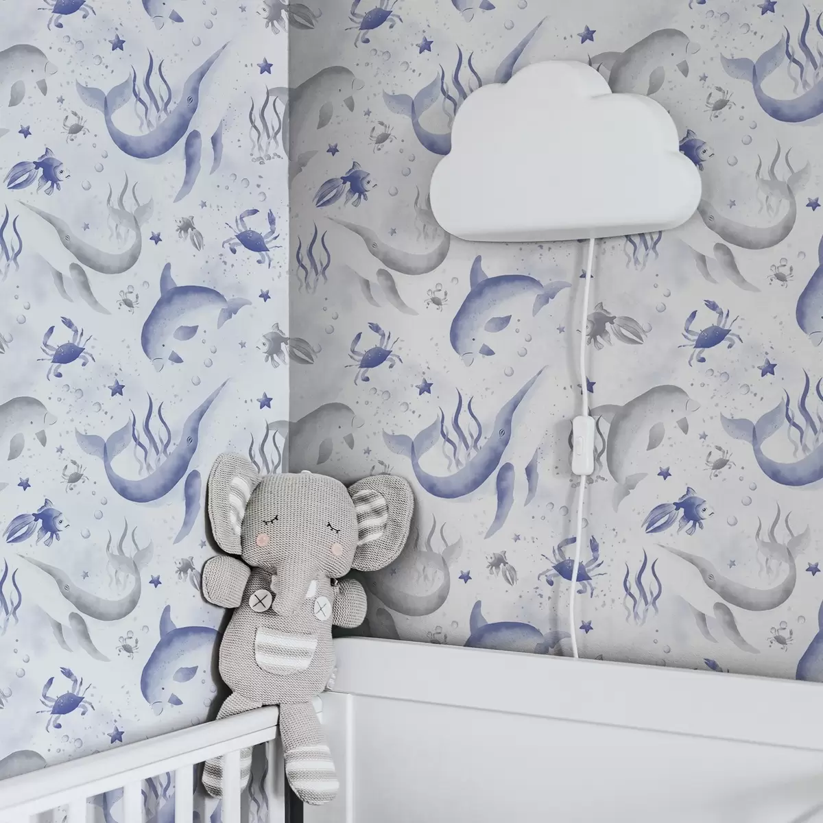 Шпалери Морські кити і дельфіни в блакитних тонах на білому тлі a00720v1