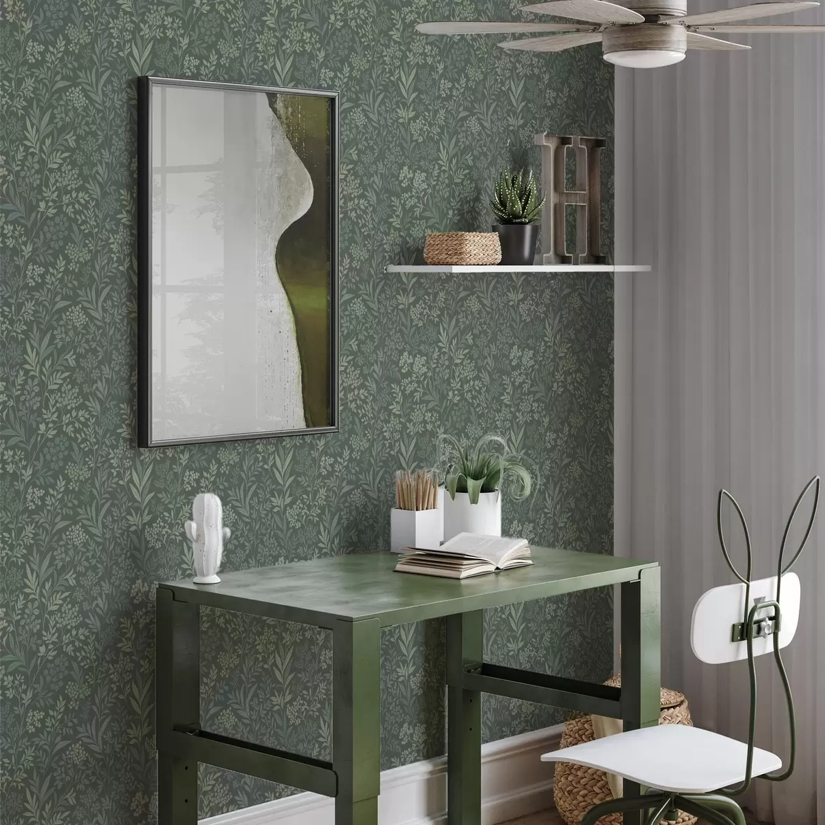 Шпалери Смарагдові трави та ягоди, витончений ботанічний візерунок a00740