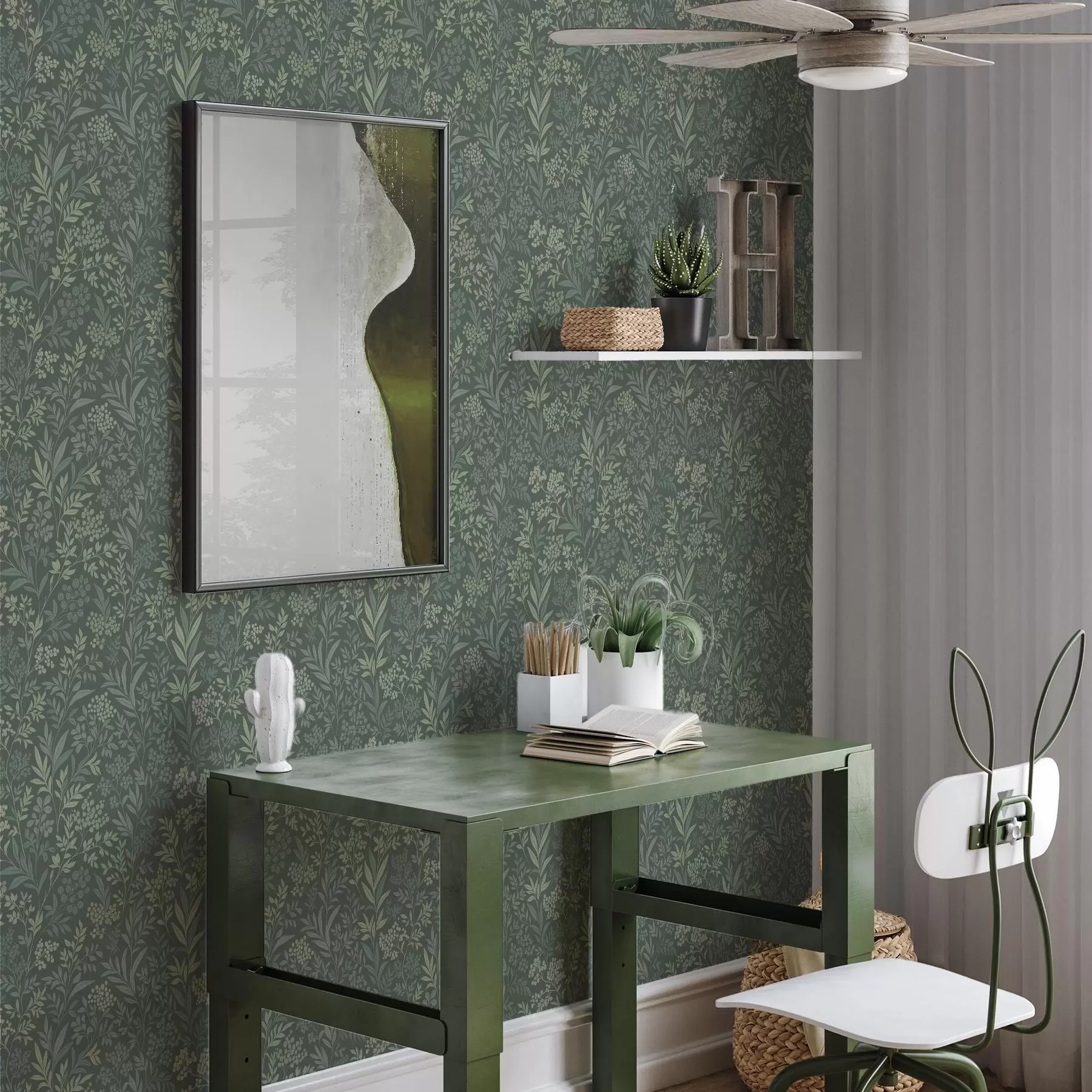 Шпалери Смарагдові трави та ягоди, витончений ботанічний візерунок a00740