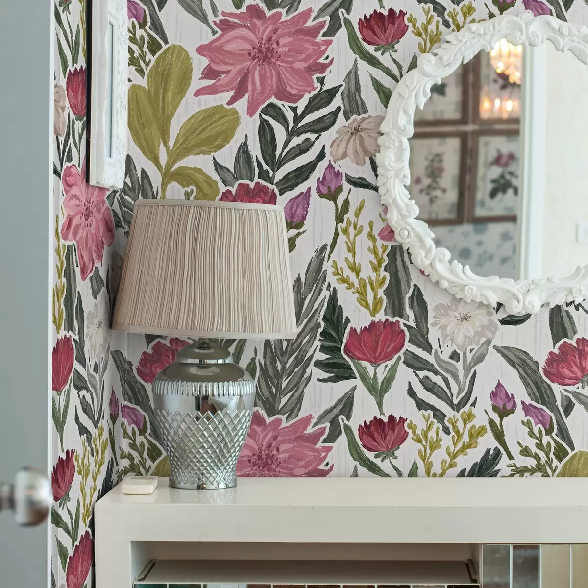 Шпалери Пишні рожеві та кремові квіти на білому тлі, імпасто-текстура a00629v1