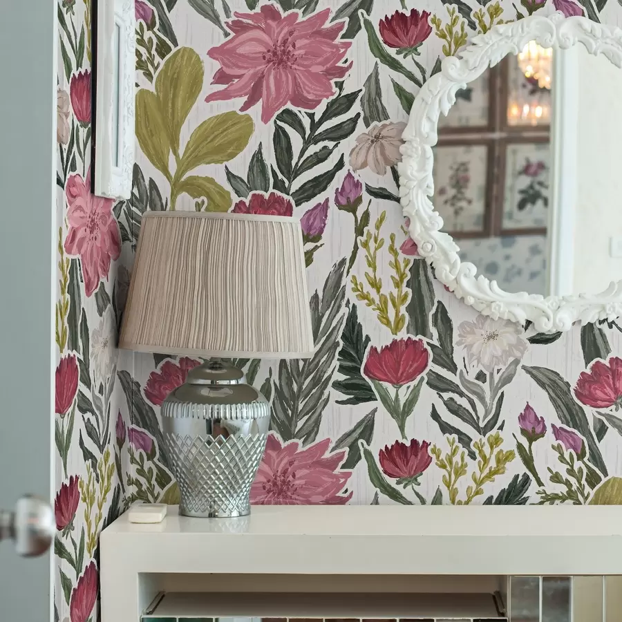 Шпалери Пишні рожеві та кремові квіти на білому тлі, імпасто-текстура a00629v1