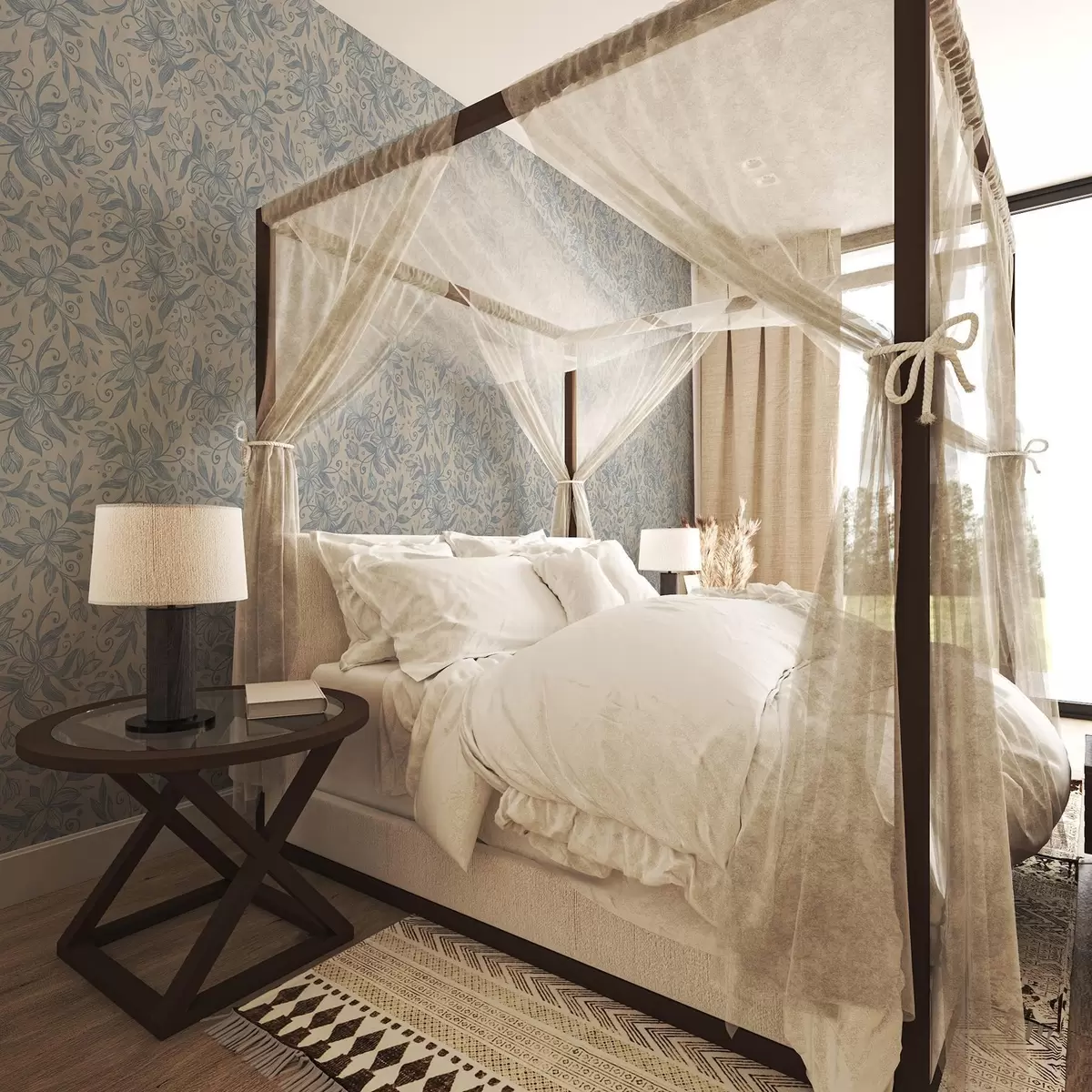 Шпалери Синій лінійний квітковий візерунок на теплій бежевій основі a00630v2