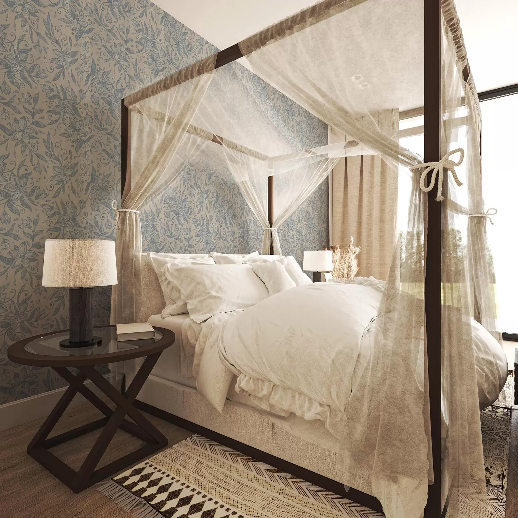 Шпалери Синій лінійний квітковий візерунок на теплій бежевій основі a00630v2