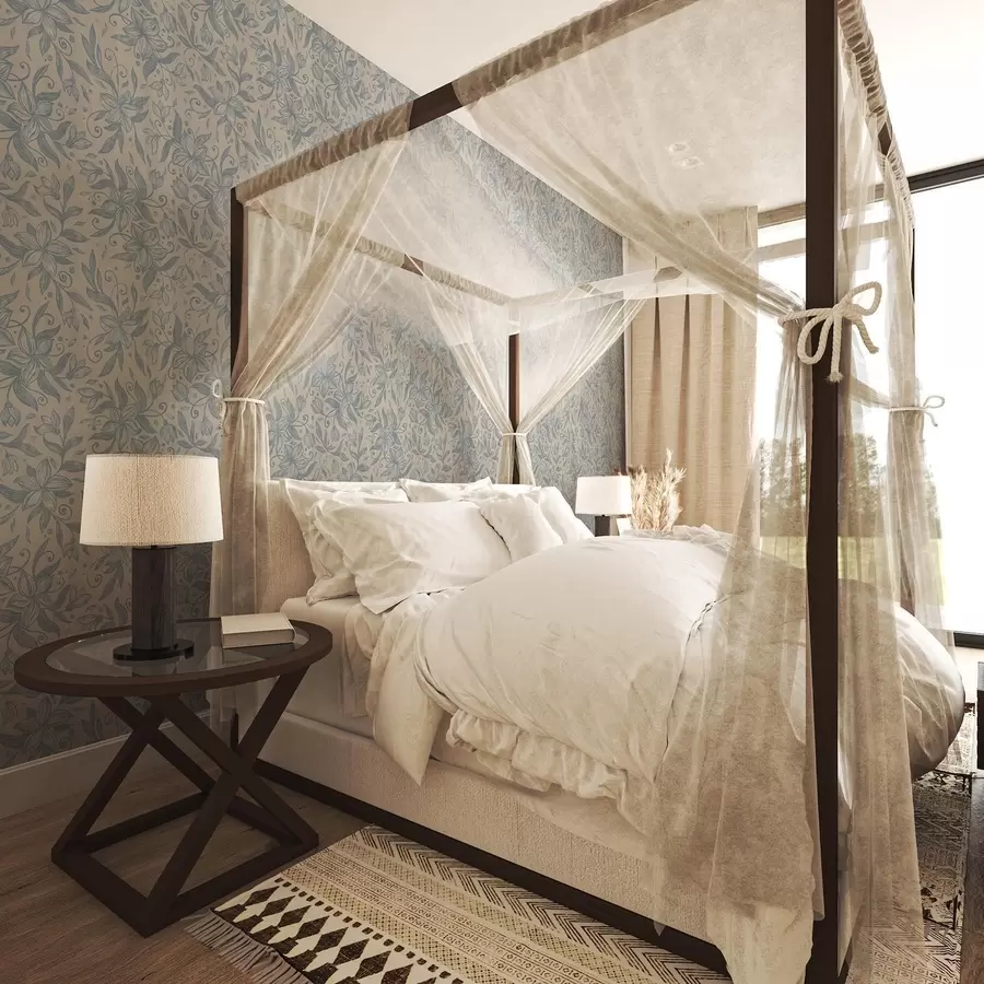 Шпалери Синій лінійний квітковий візерунок на теплій бежевій основі a00630v2