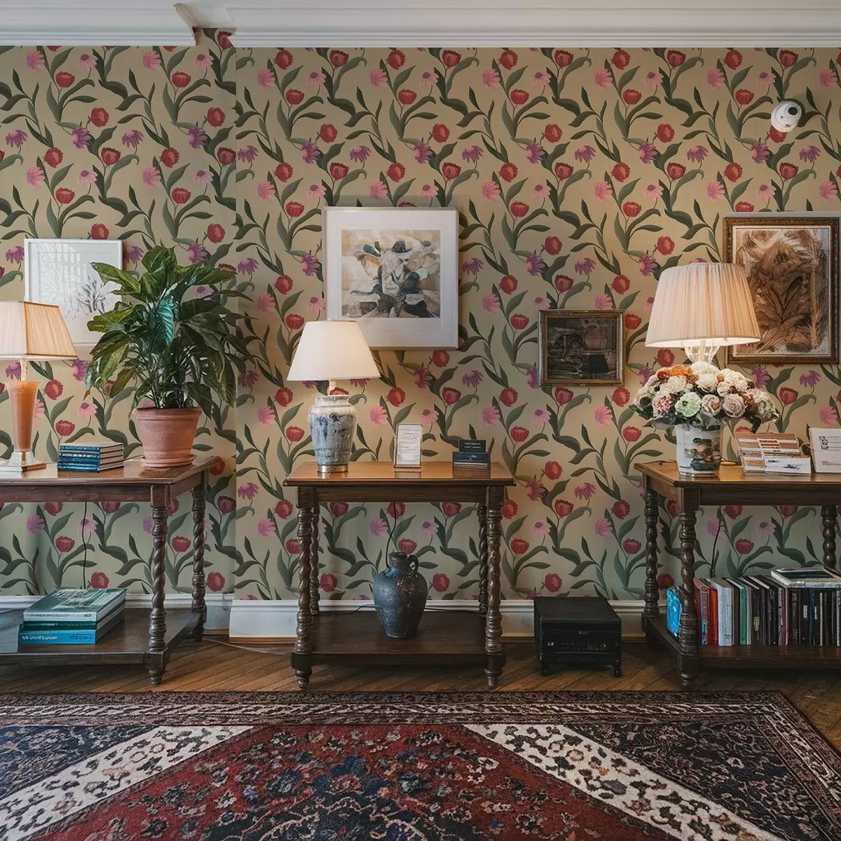 Шпалери Рожево-червоні квіти на бежевому тлі, текстура, намальована вручну a00631