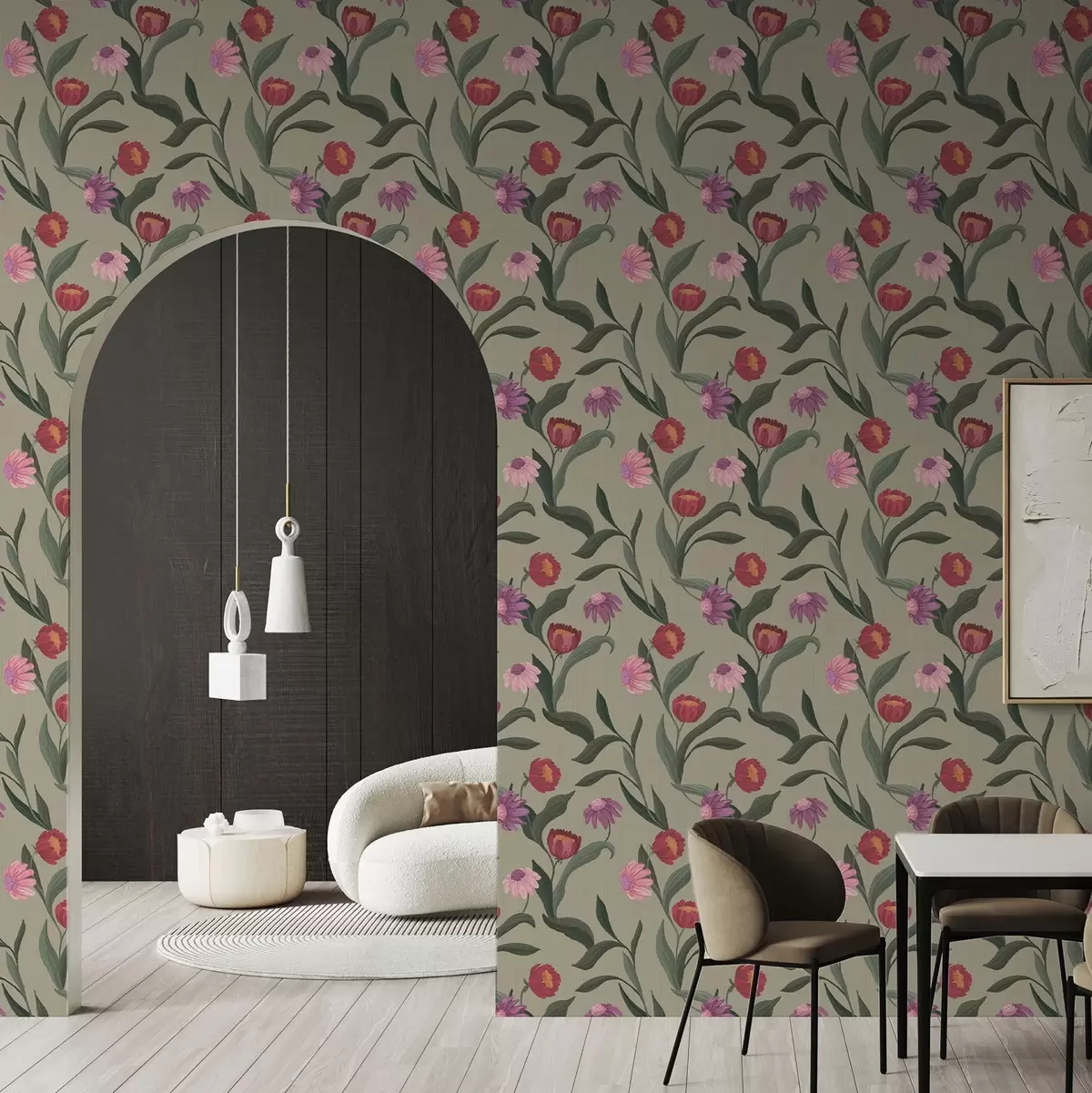 Шпалери Рожево-червоні квіти на оливковому тлі, текстура полотна a00631v1