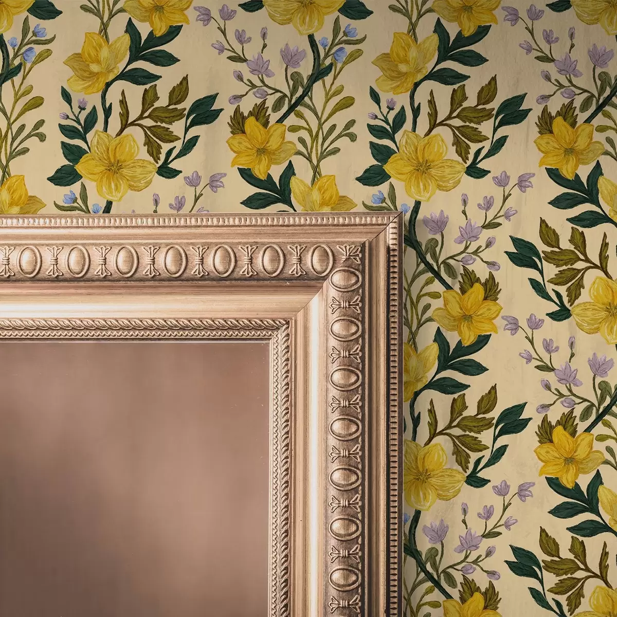 Шпалери Жовті квіти у вертикальних гірляндах на кремовому тлі a00632