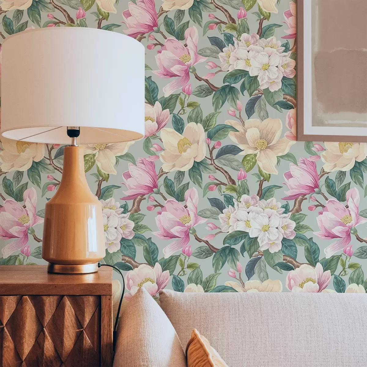 Шпалери Магнолії та білі квіти на м'ятно-сірому тлі a00644