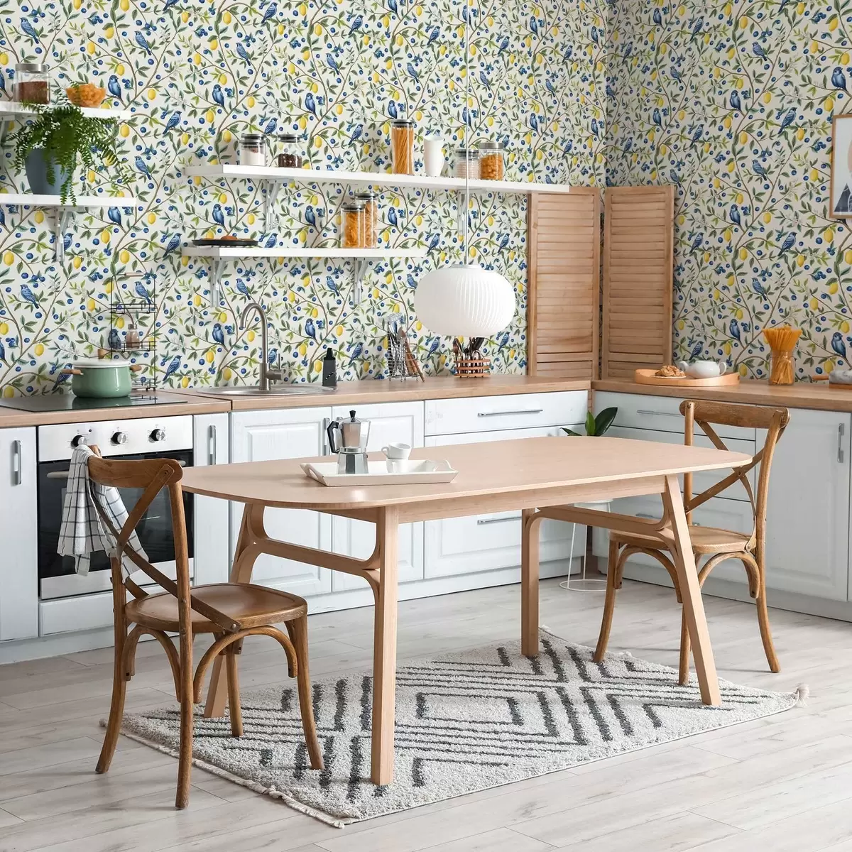 Шпалери Блакитні птахи, лимони та ягоди на білому тлі a00668