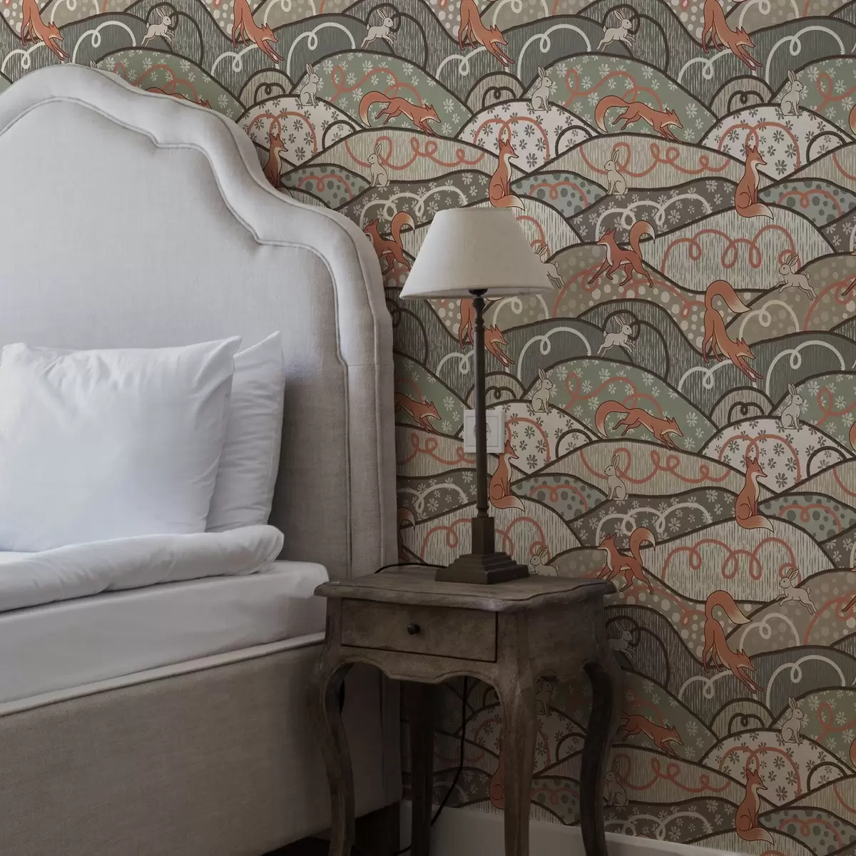 Шпалери Лисиці та зайці на хвилястих пагорбах, ретро-візерунок a00690