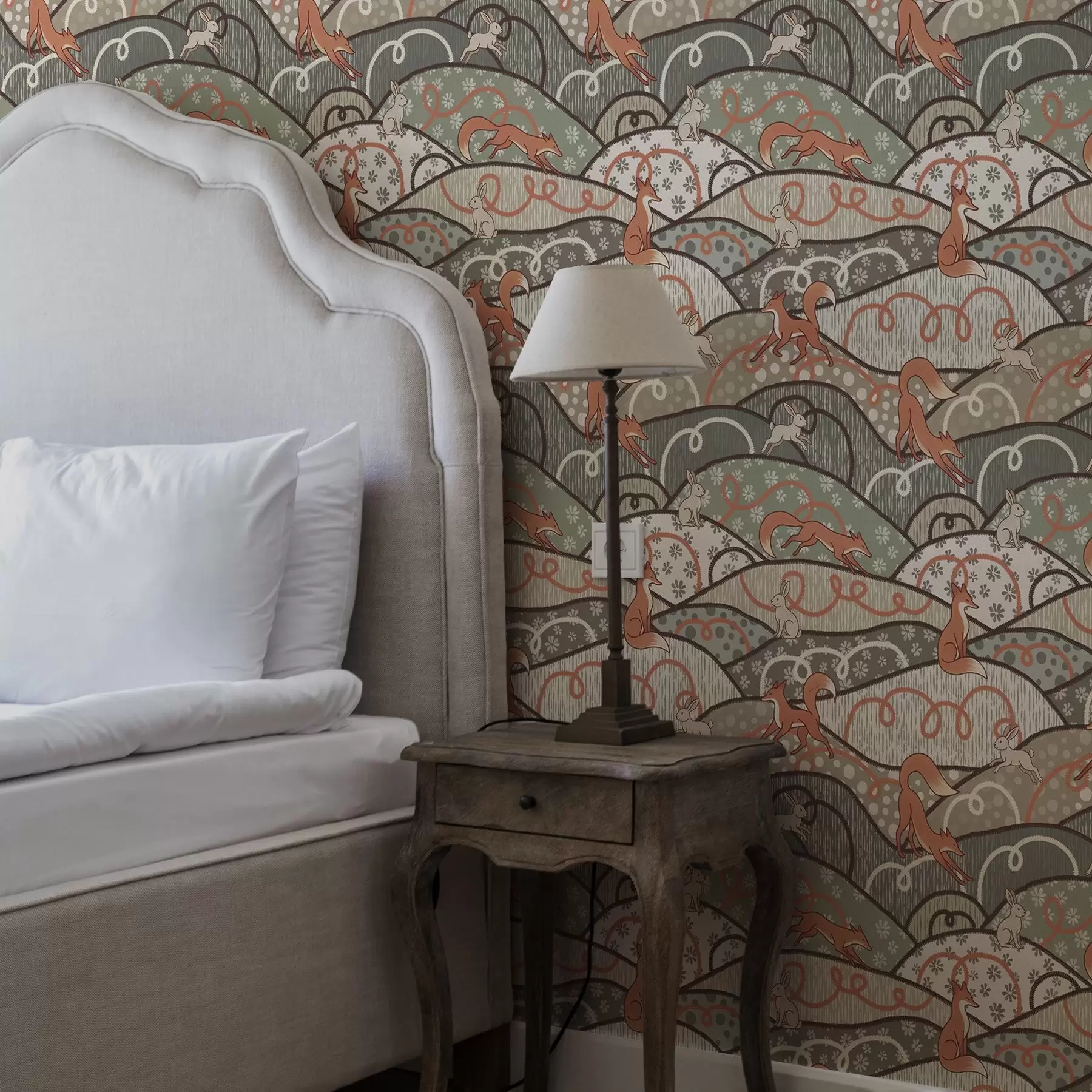 Шпалери Лисиці та зайці на хвилястих пагорбах, ретро-візерунок a00690