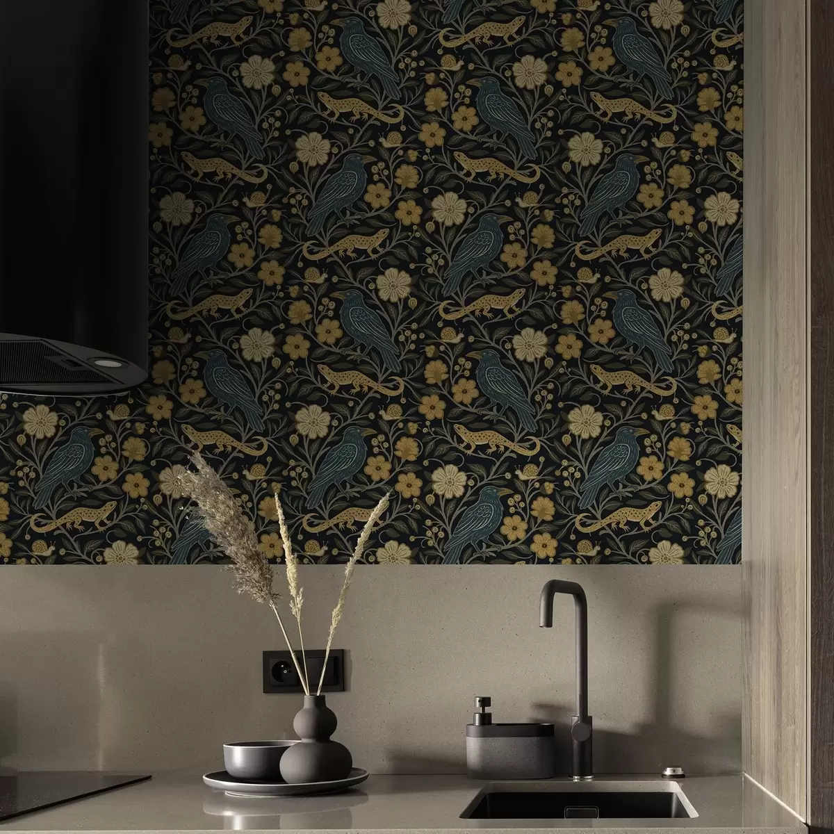 Шпалери Птахи, ящірки та равлики серед квітів на темному тлі a00691