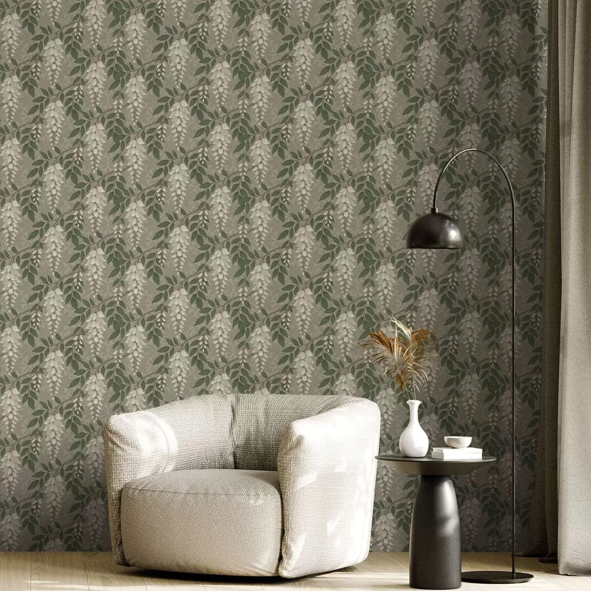 Шпалери Світла гліцинія на сіро-оливковому тлі, каскадні грона a00694