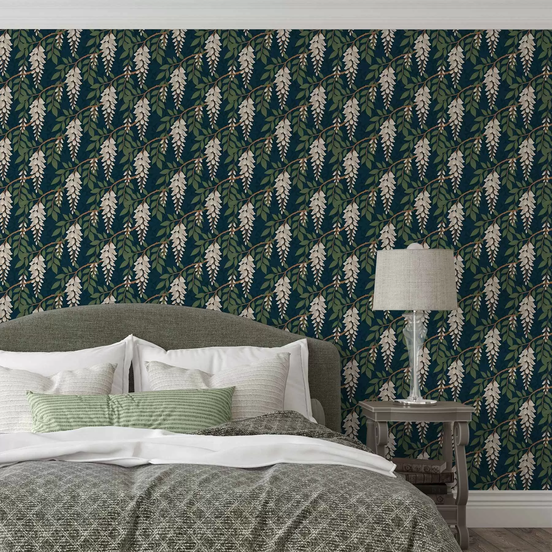 Шпалери Слонова кістка гліцинія на глибокому синьо-зеленому тлі a00694v1