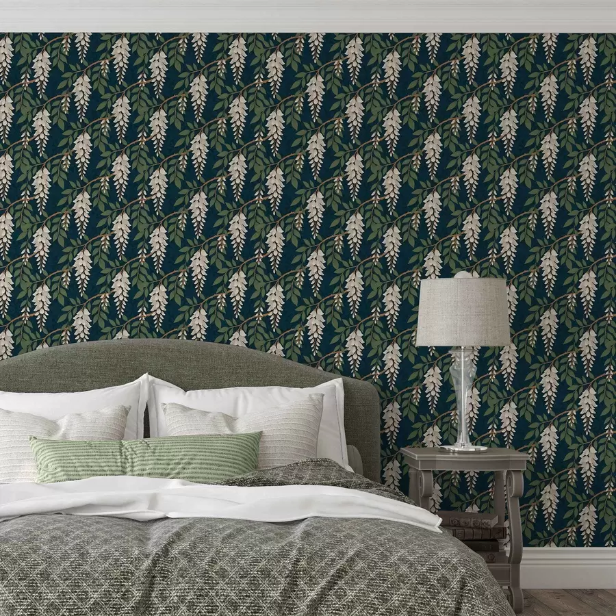 Шпалери Слонова кістка гліцинія на глибокому синьо-зеленому тлі a00694v1