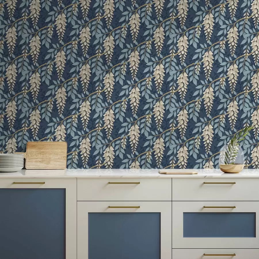 Шпалери Гліцинія з блакитним листям на темно-синьому тлі a00694v2