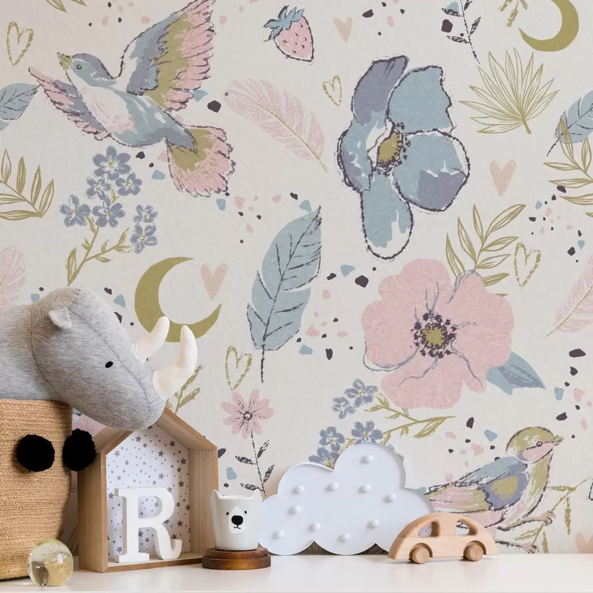 Шпалери Пастельні птахи та квіти з півмісяцями на білому тлі a00721