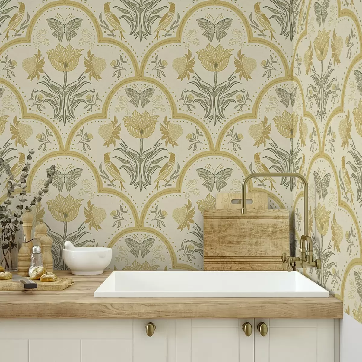 Шпалери Орнамент з тюльпаном, птахами та метеликами, охра a00722